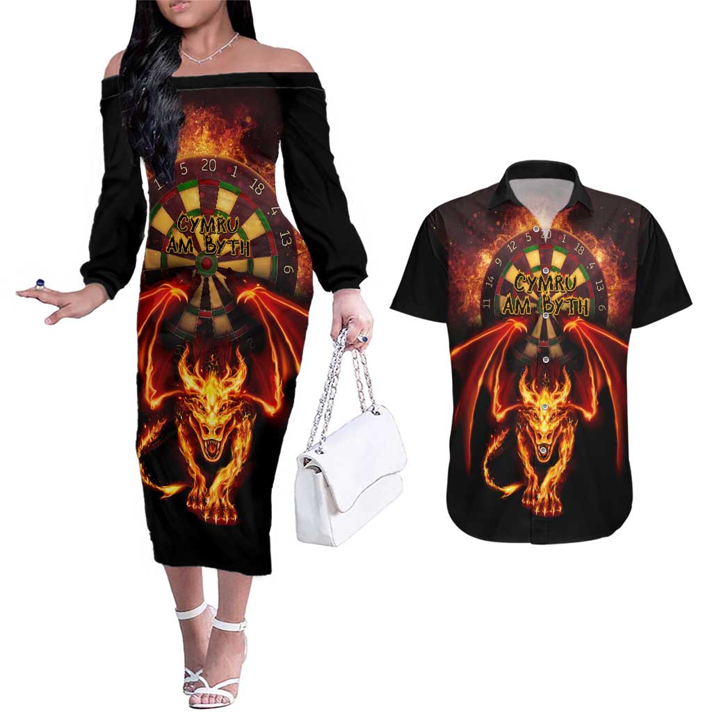 Cymru Am Byth Wales Darts Couples Matching Off The Shoulder Long Sleeve Dress and Hawaiian Shirt Go Welsh Flame Style