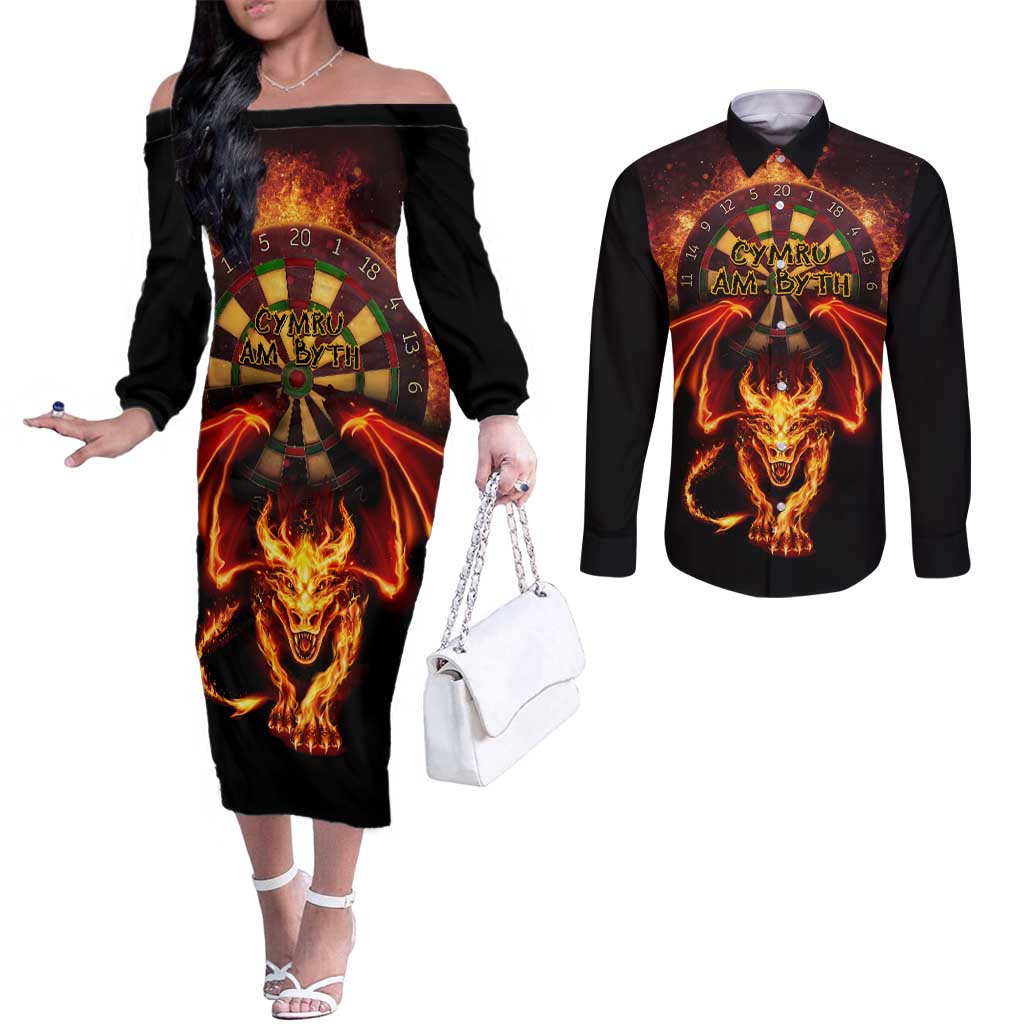 Cymru Am Byth Wales Darts Couples Matching Off The Shoulder Long Sleeve Dress and Long Sleeve Button Shirt Go Welsh Flame Style