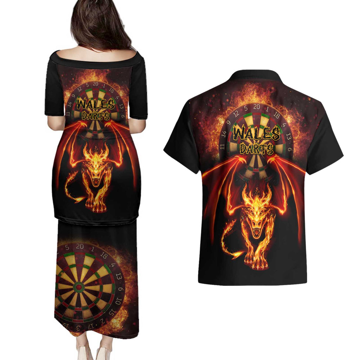 Cymru Am Byth Wales Darts Couples Matching Puletasi and Hawaiian Shirt Go Welsh Flame Style