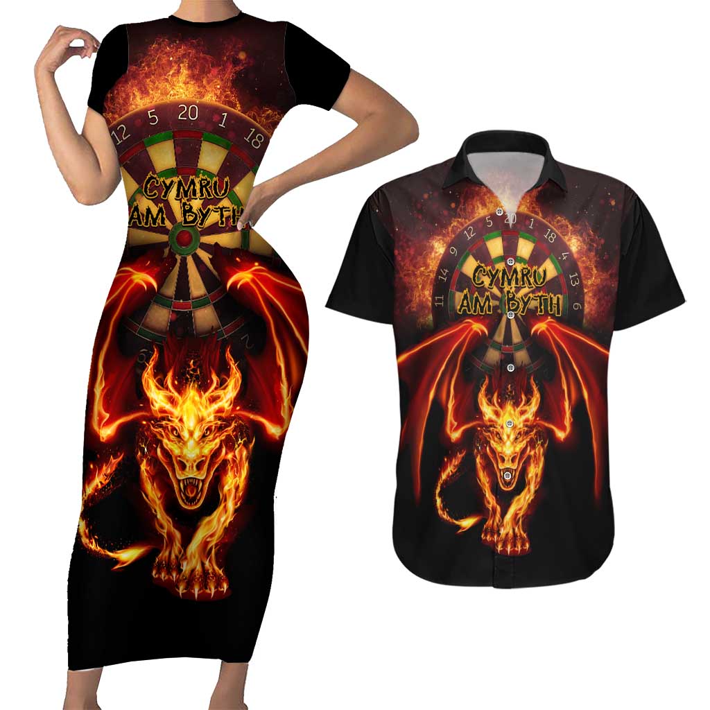 Cymru Am Byth Wales Darts Couples Matching Short Sleeve Bodycon Dress and Hawaiian Shirt Go Welsh Flame Style