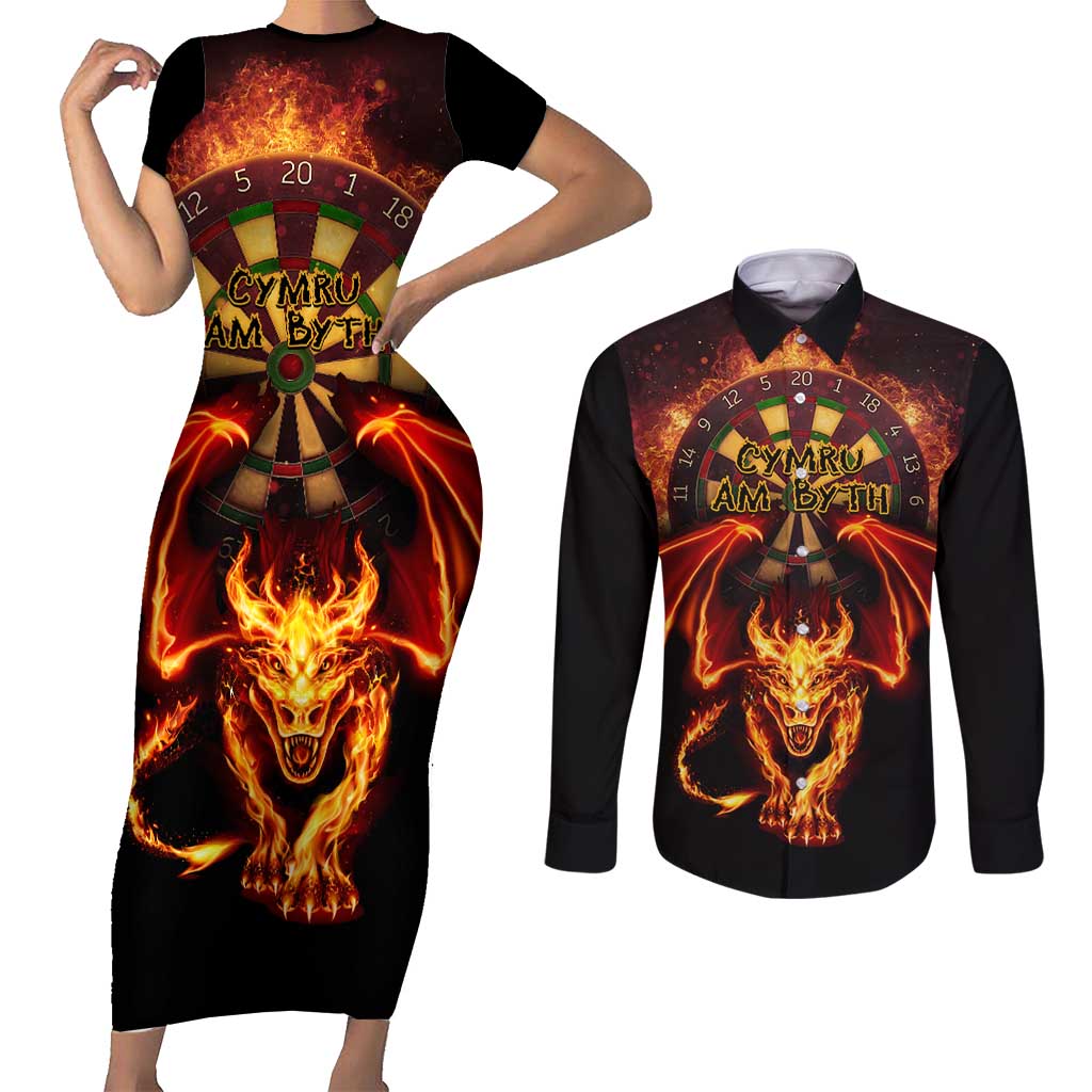 Cymru Am Byth Wales Darts Couples Matching Short Sleeve Bodycon Dress and Long Sleeve Button Shirt Go Welsh Flame Style