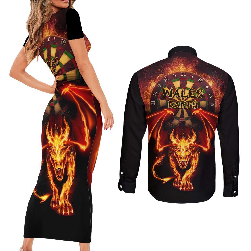 Cymru Am Byth Wales Darts Couples Matching Short Sleeve Bodycon Dress and Long Sleeve Button Shirt Go Welsh Flame Style