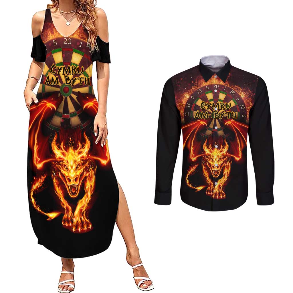 Cymru Am Byth Wales Darts Couples Matching Summer Maxi Dress and Long Sleeve Button Shirt Go Welsh Flame Style