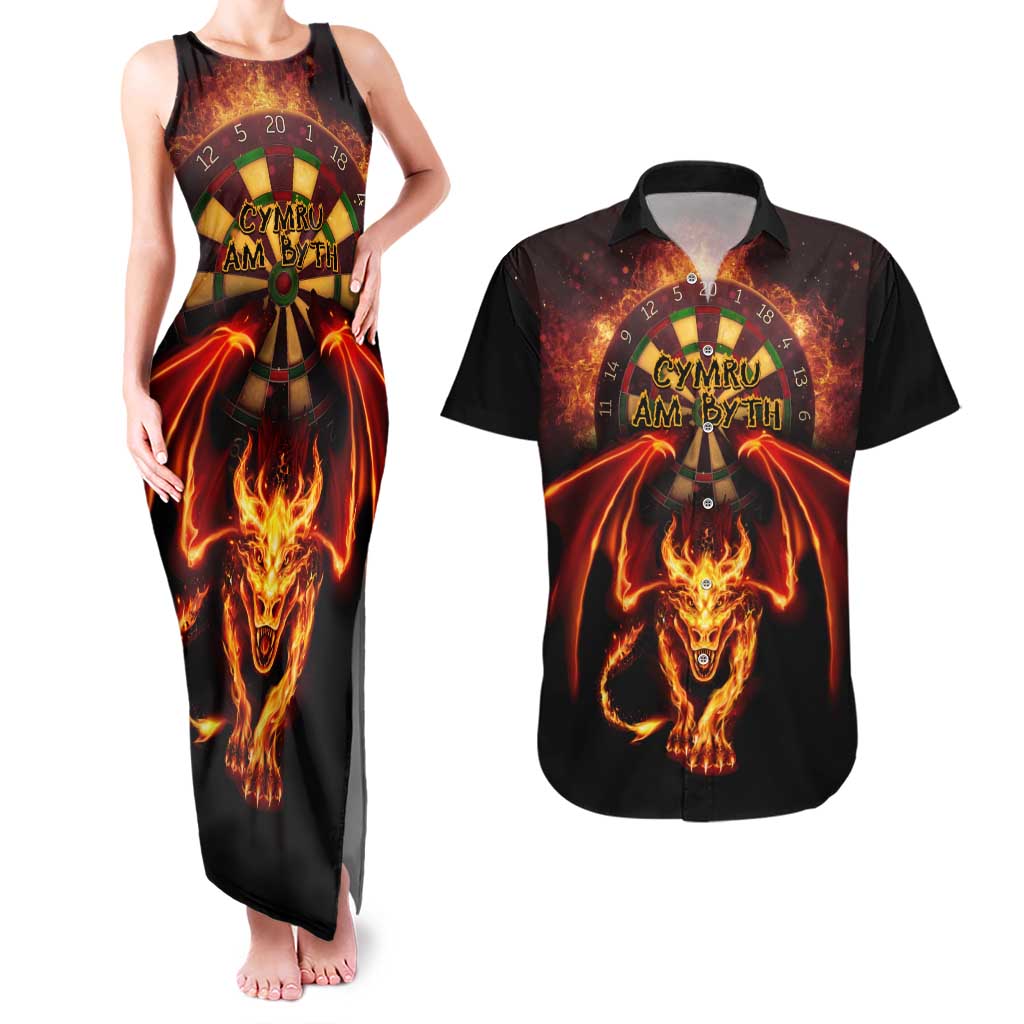 Cymru Am Byth Wales Darts Couples Matching Tank Maxi Dress and Hawaiian Shirt Go Welsh Flame Style