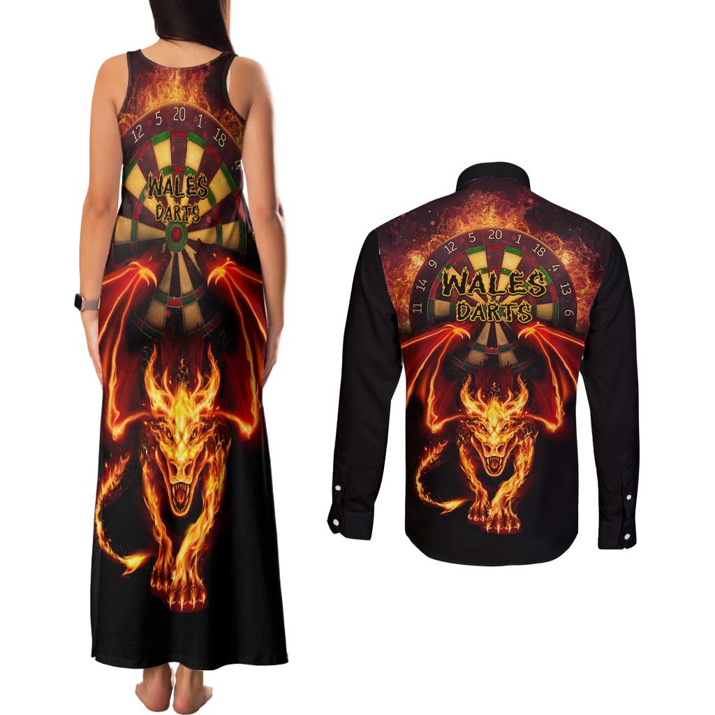 Cymru Am Byth Wales Darts Couples Matching Tank Maxi Dress and Long Sleeve Button Shirt Go Welsh Flame Style