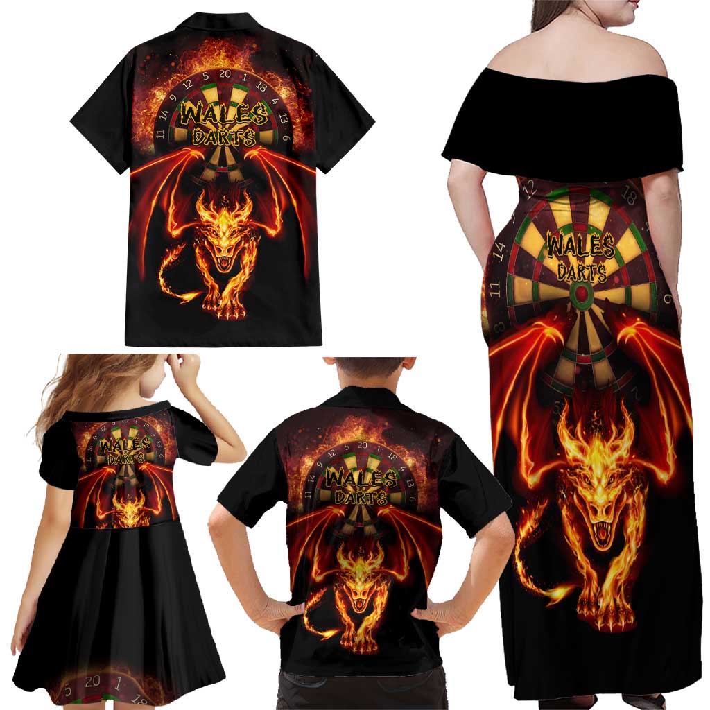 Cymru Am Byth Wales Darts Family Matching Off Shoulder Maxi Dress and Hawaiian Shirt Go Welsh Flame Style