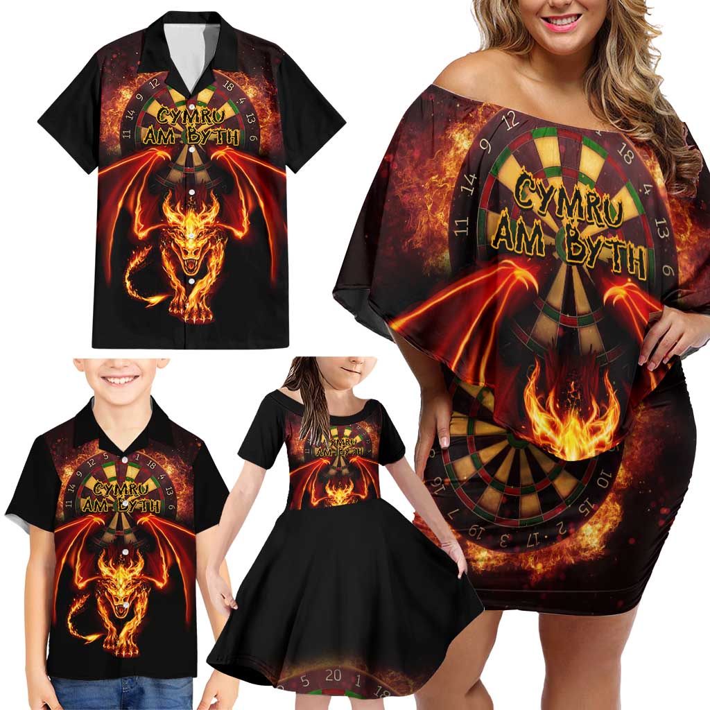 Cymru Am Byth Wales Darts Family Matching Off Shoulder Short Dress and Hawaiian Shirt Go Welsh Flame Style