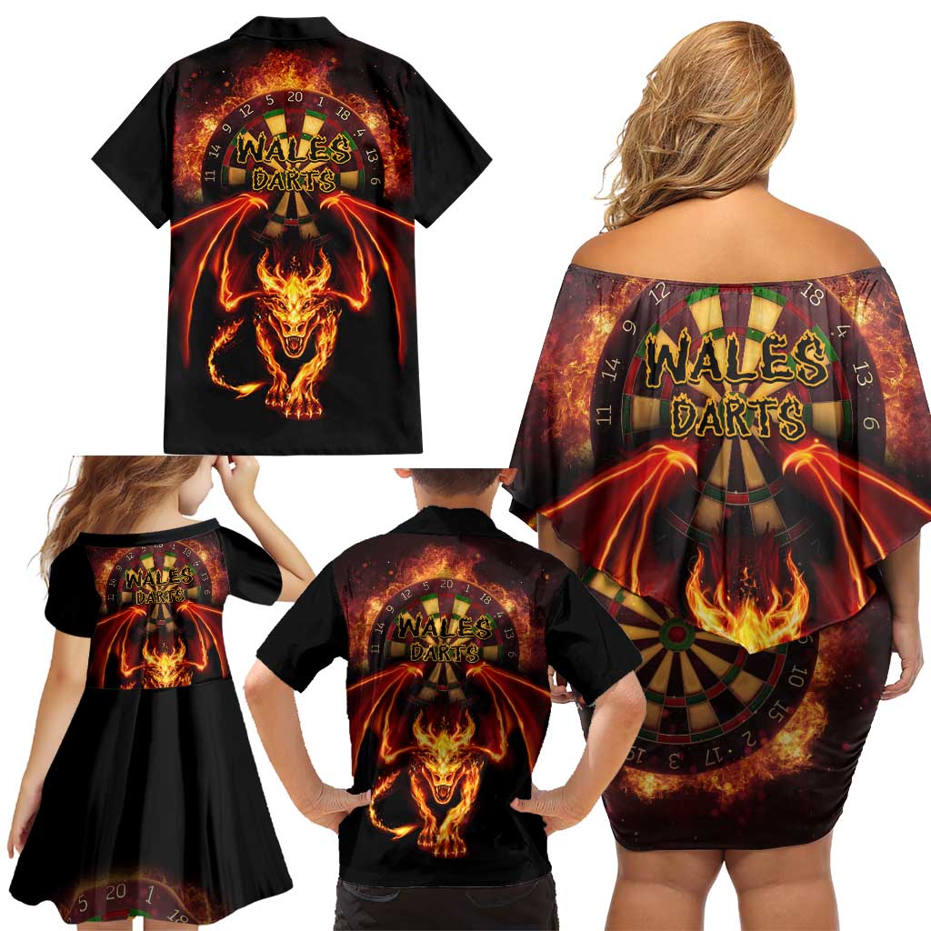 Cymru Am Byth Wales Darts Family Matching Off Shoulder Short Dress and Hawaiian Shirt Go Welsh Flame Style