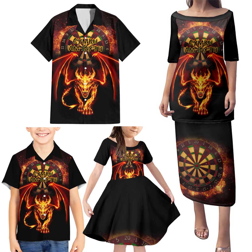 Cymru Am Byth Wales Darts Family Matching Puletasi and Hawaiian Shirt Go Welsh Flame Style