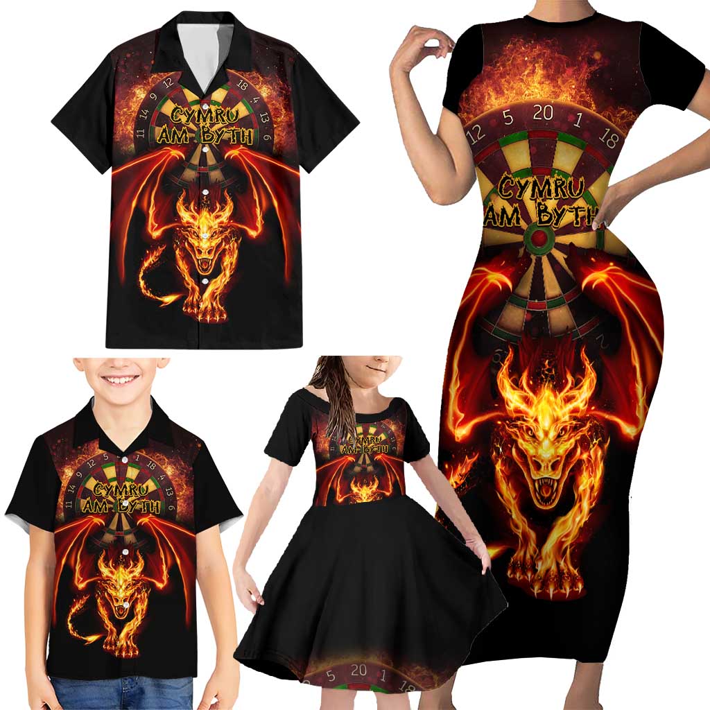 Cymru Am Byth Wales Darts Family Matching Short Sleeve Bodycon Dress and Hawaiian Shirt Go Welsh Flame Style