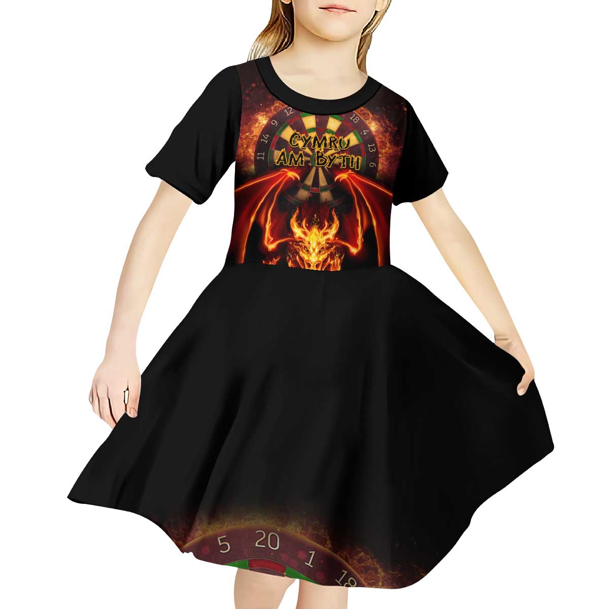 Cymru Am Byth Wales Darts Kid Short Sleeve Dress Go Welsh Flame Style