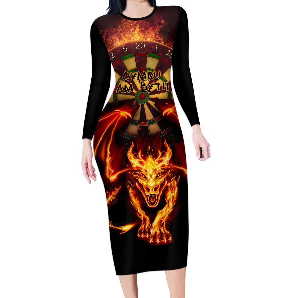 Cymru Am Byth Wales Darts Long Sleeve Bodycon Dress Go Welsh Flame Style