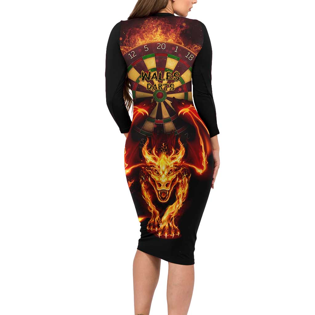 Cymru Am Byth Wales Darts Long Sleeve Bodycon Dress Go Welsh Flame Style