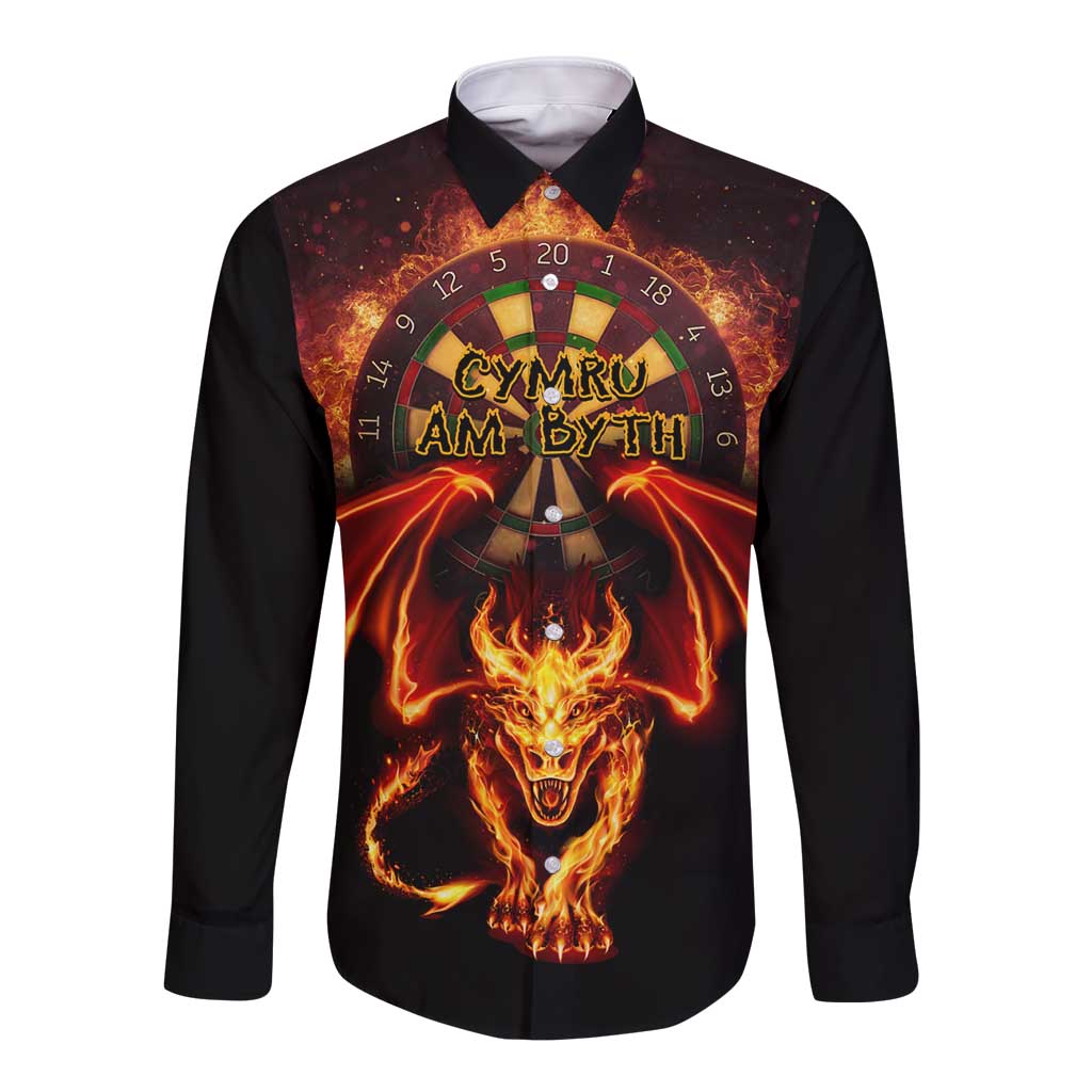 Cymru Am Byth Wales Darts Long Sleeve Button Shirt Go Welsh Flame Style