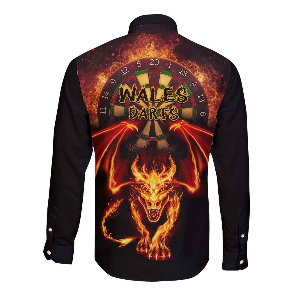 Cymru Am Byth Wales Darts Long Sleeve Button Shirt Go Welsh Flame Style