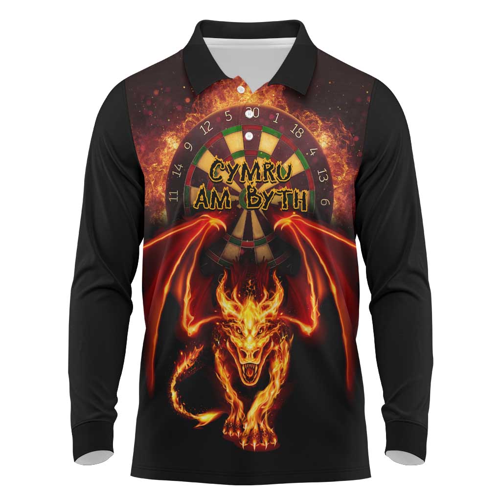 Cymru Am Byth Wales Darts Long Sleeve Polo Shirt Go Welsh Flame Style