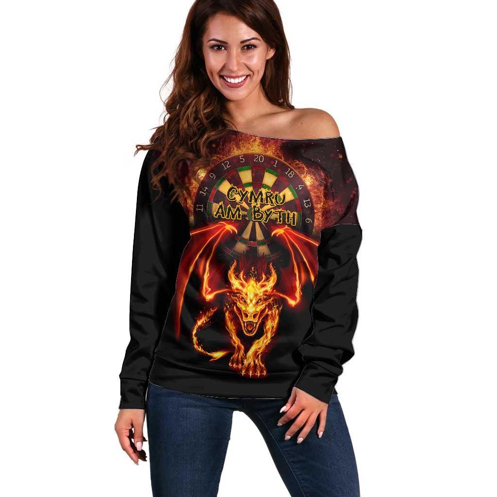 Cymru Am Byth Wales Darts Off Shoulder Sweater Go Welsh Flame Style
