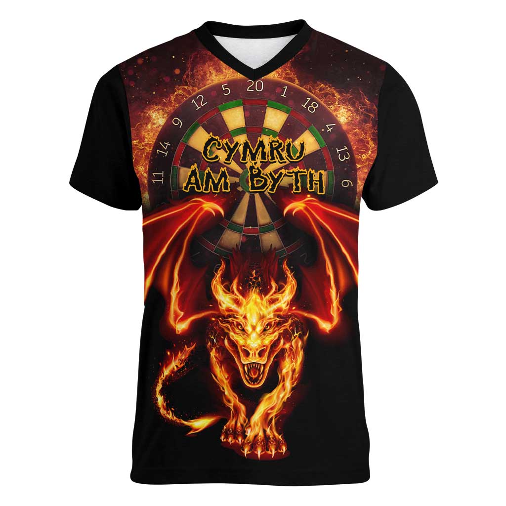 Cymru Am Byth Wales Darts Women V-Neck T-Shirt Go Welsh Flame Style - Wonder Print Shop