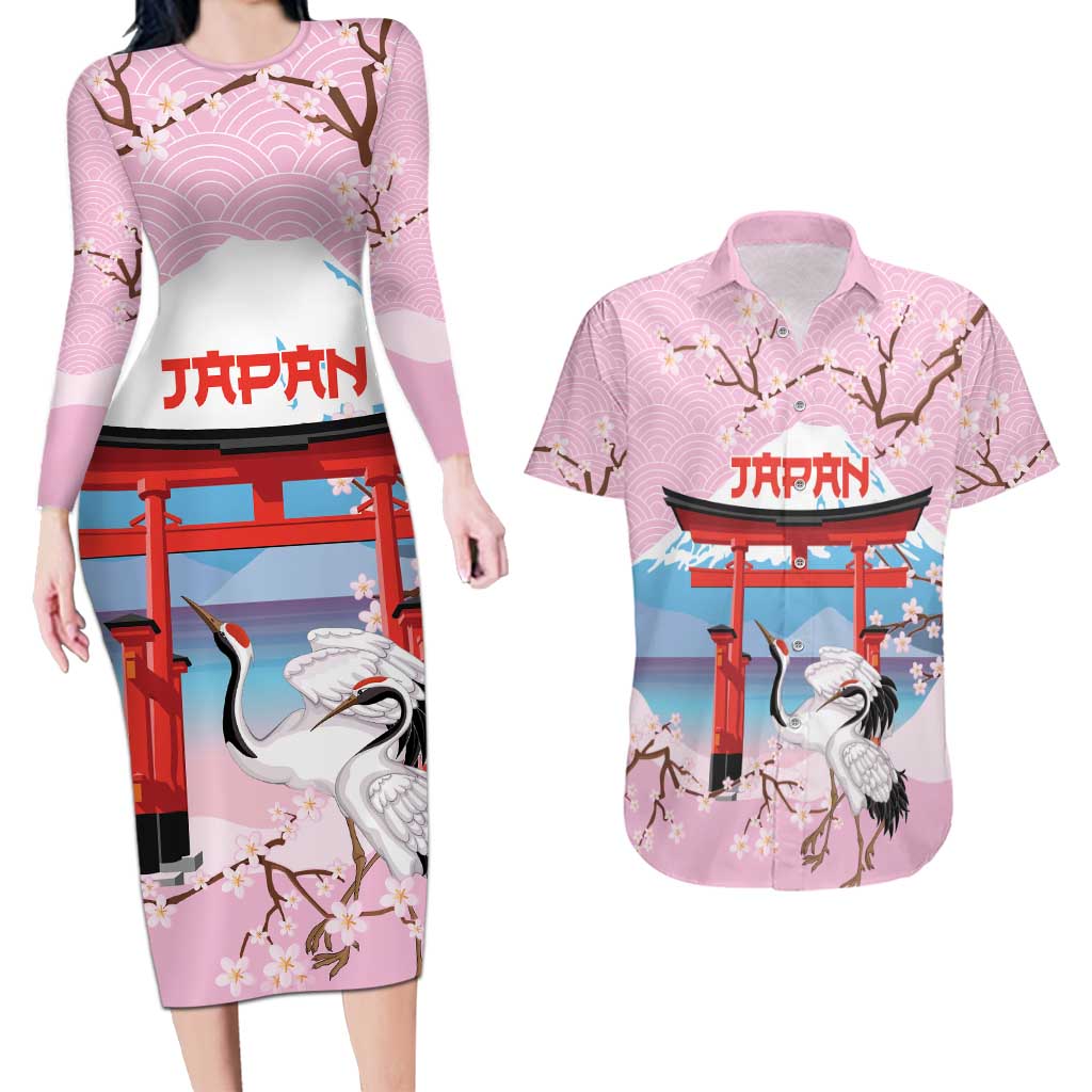 Japanese Torii Gate Cranes Personalised Couples Matching Long Sleeve Bodycon Dress and Hawaiian Shirt Fuji Mount Sakura Seigaiha Pattern