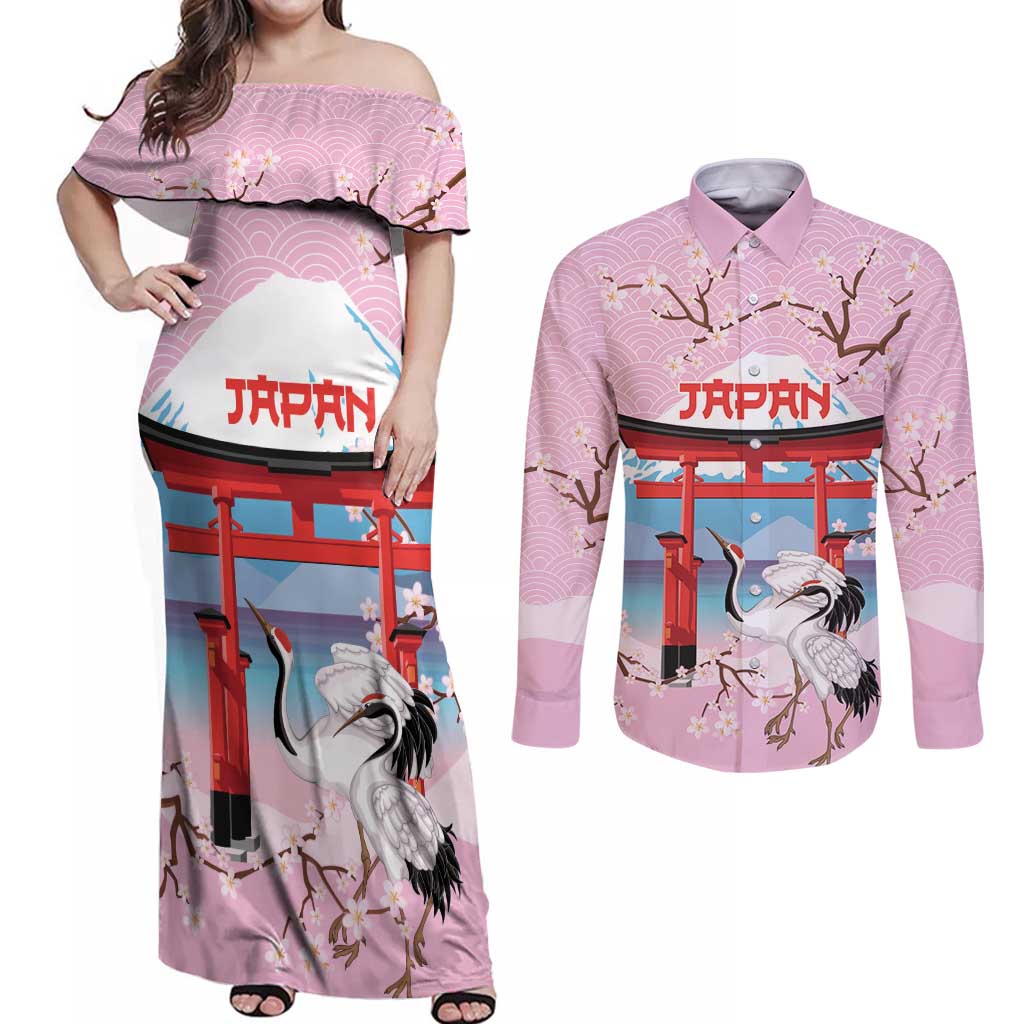 Japanese Torii Gate Cranes Personalised Couples Matching Off Shoulder Maxi Dress and Long Sleeve Button Shirt Fuji Mount Sakura Seigaiha Pattern