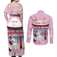 Japanese Torii Gate Cranes Personalised Couples Matching Off Shoulder Maxi Dress and Long Sleeve Button Shirt Fuji Mount Sakura Seigaiha Pattern