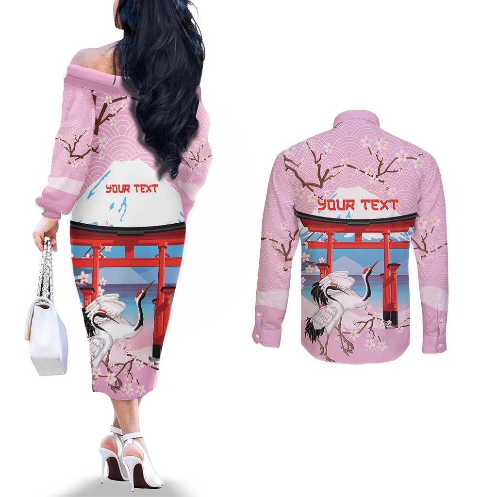 Japanese Torii Gate Cranes Personalised Couples Matching Off The Shoulder Long Sleeve Dress and Long Sleeve Button Shirt Fuji Mount Sakura Seigaiha Pattern