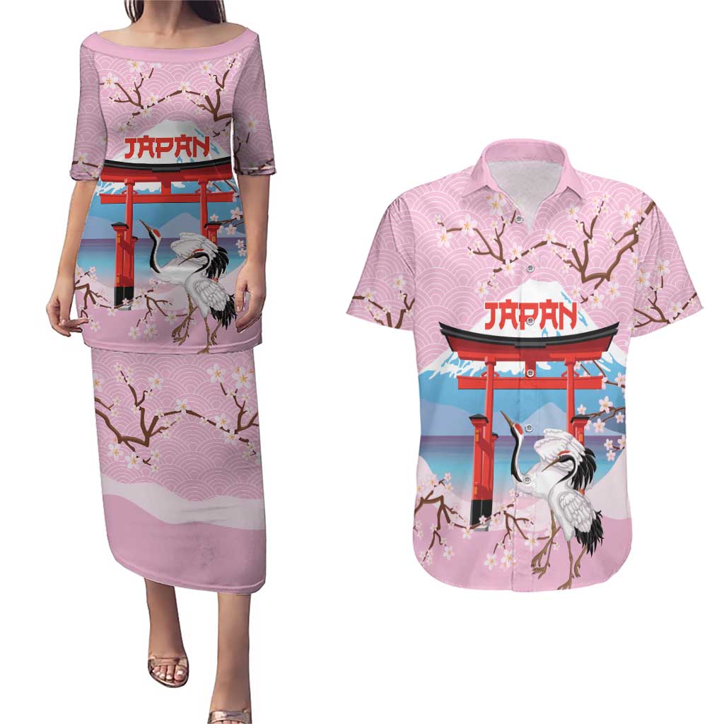 Japanese Torii Gate Cranes Personalised Couples Matching Puletasi and Hawaiian Shirt Fuji Mount Sakura Seigaiha Pattern