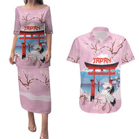Japanese Torii Gate Cranes Personalised Couples Matching Puletasi and Hawaiian Shirt Fuji Mount Sakura Seigaiha Pattern