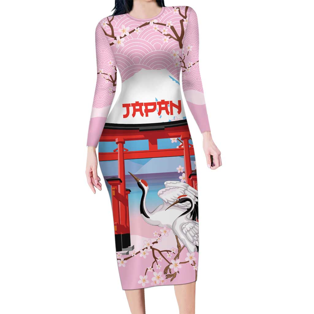 Japanese Torii Gate Cranes Personalised Family Matching Long Sleeve Bodycon Dress and Hawaiian Shirt Fuji Mount Sakura Seigaiha Pattern