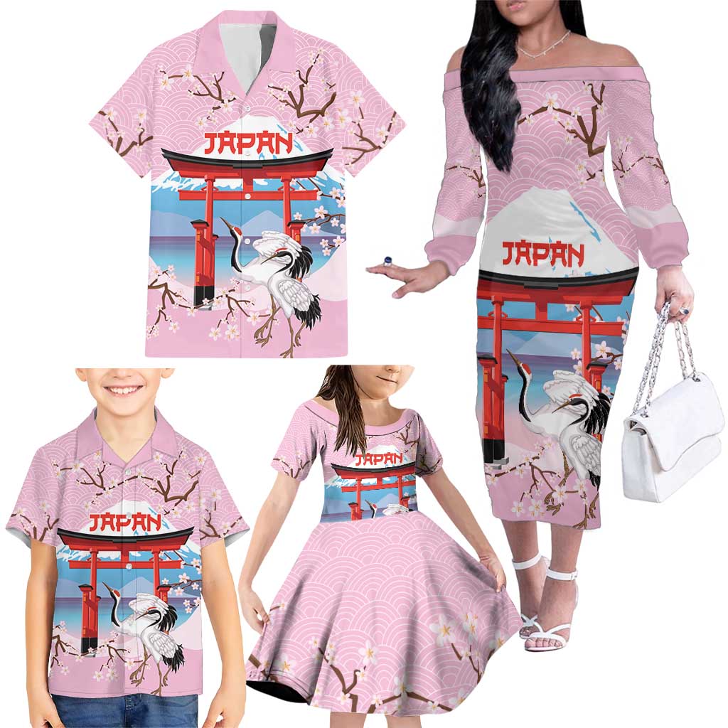 Japanese Torii Gate Cranes Personalised Family Matching Off The Shoulder Long Sleeve Dress and Hawaiian Shirt Fuji Mount Sakura Seigaiha Pattern