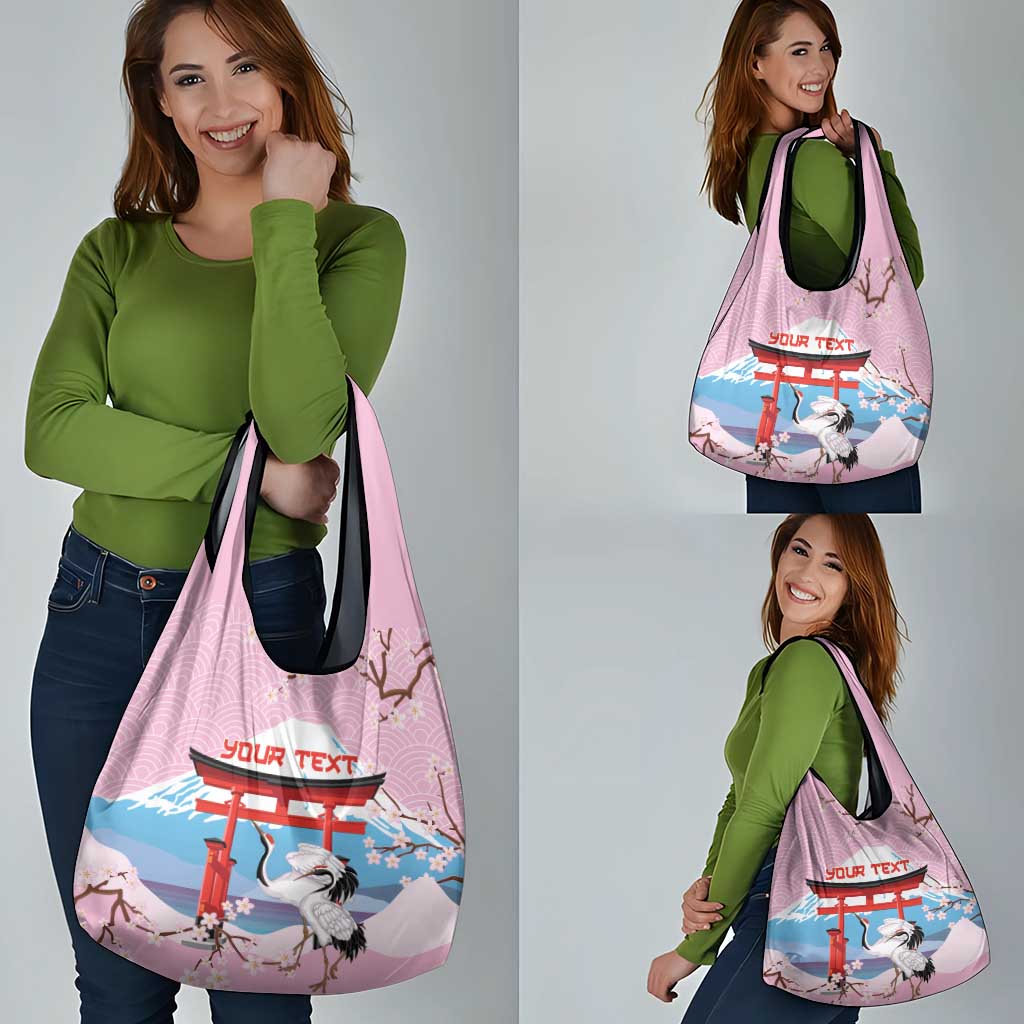 Japanese Torii Gate Cranes Personalised Grocery Bag Fuji Mount Sakura Seigaiha Pattern