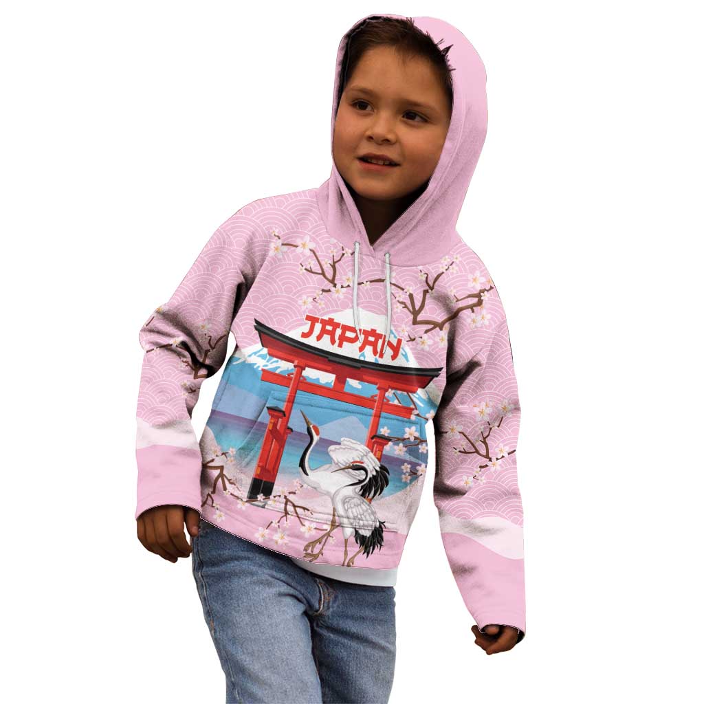 Japanese Torii Gate Cranes Personalised Kid Hoodie Fuji Mount Sakura Seigaiha Pattern