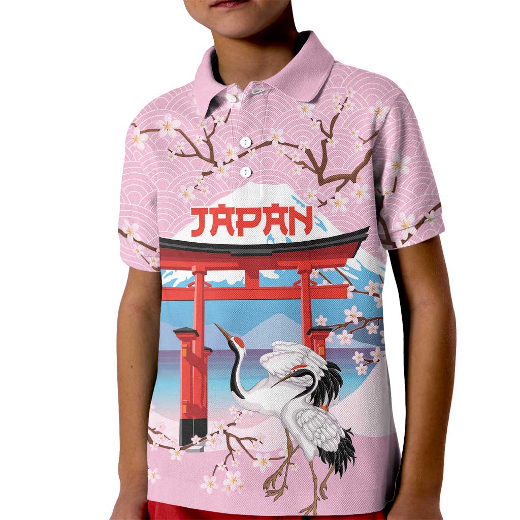 Japanese Torii Gate Cranes Personalised Kid Polo Shirt Fuji Mount Sakura Seigaiha Pattern