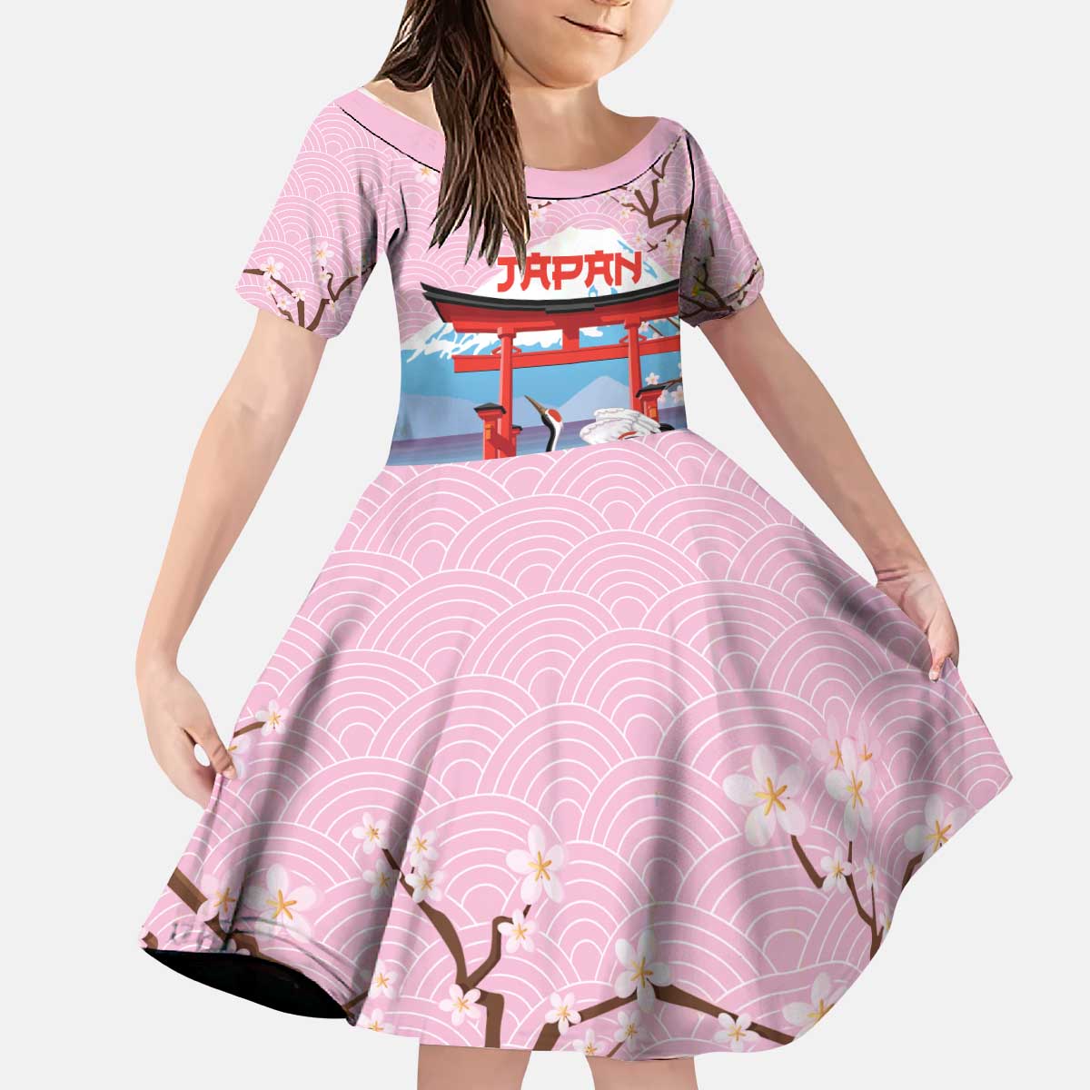 Japanese Torii Gate Cranes Personalised Kid Short Sleeve Dress Fuji Mount Sakura Seigaiha Pattern