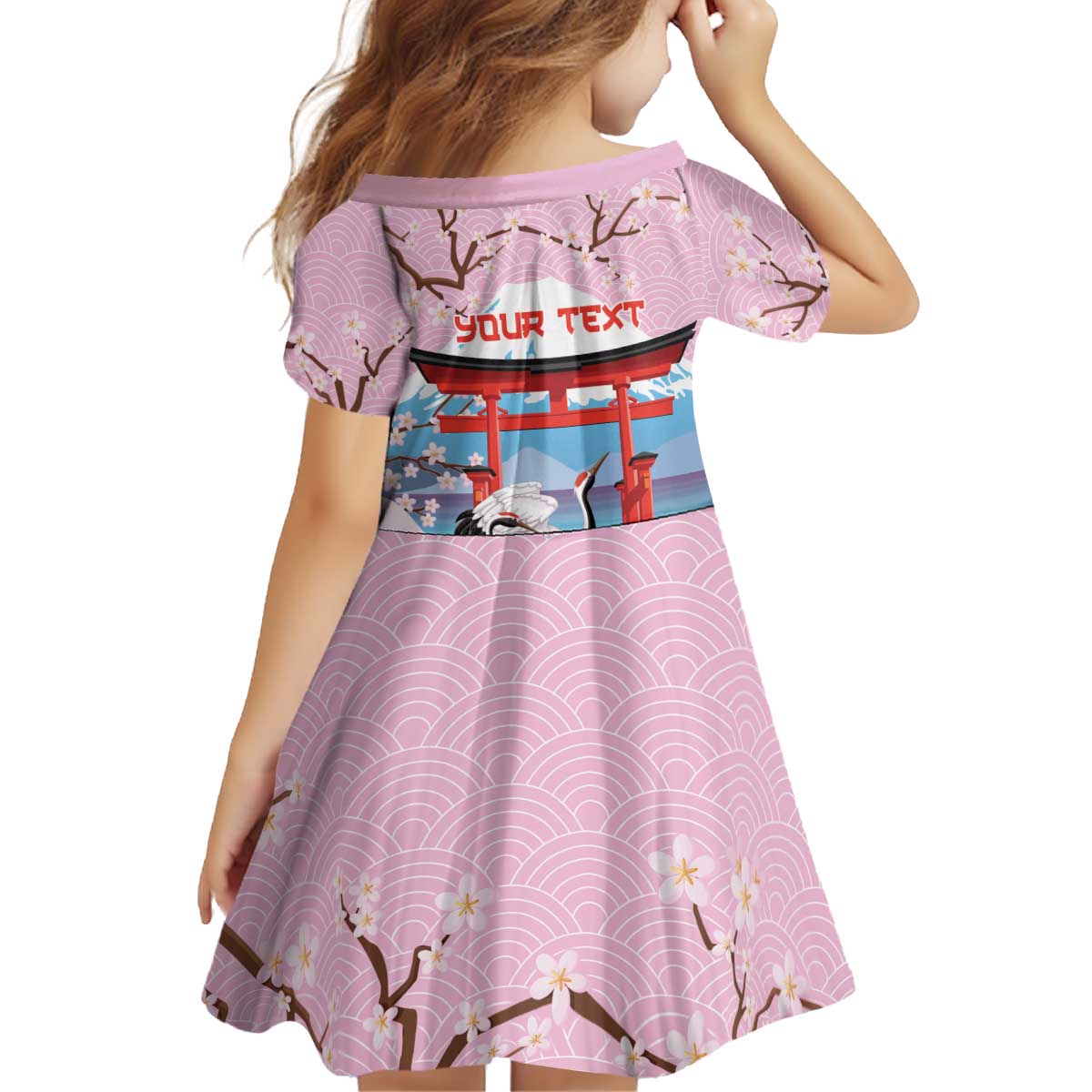 Japanese Torii Gate Cranes Personalised Kid Short Sleeve Dress Fuji Mount Sakura Seigaiha Pattern