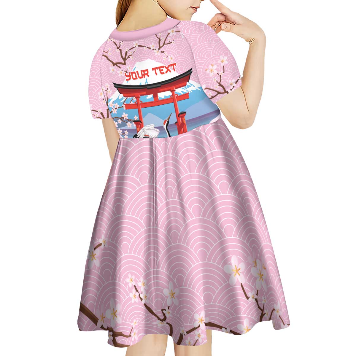 Japanese Torii Gate Cranes Personalised Kid Short Sleeve Dress Fuji Mount Sakura Seigaiha Pattern