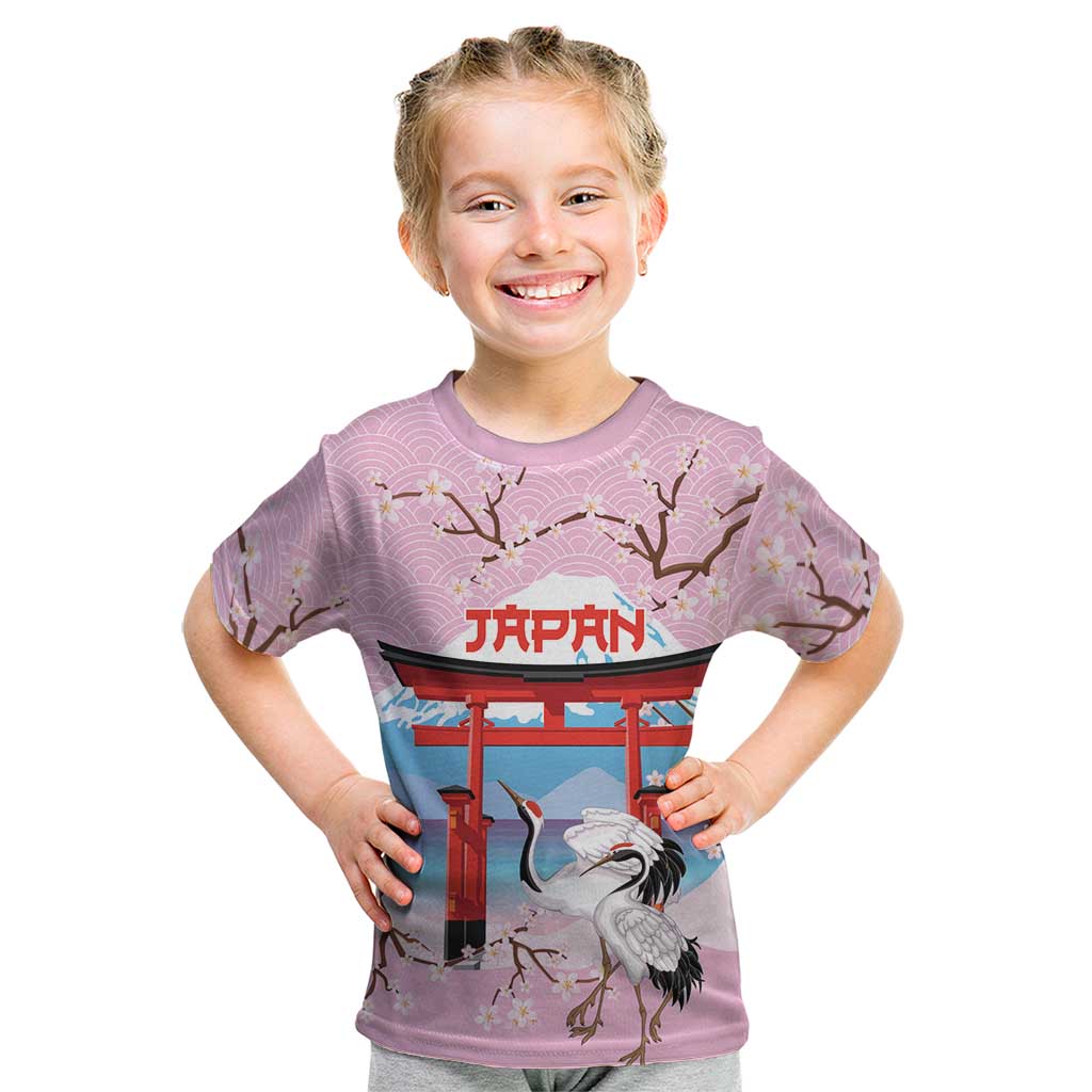 Japanese Torii Gate Cranes Personalised Kid T Shirt Fuji Mount Sakura Seigaiha Pattern