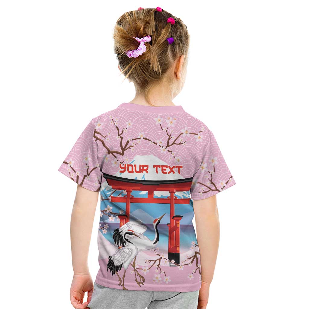Japanese Torii Gate Cranes Personalised Kid T Shirt Fuji Mount Sakura Seigaiha Pattern