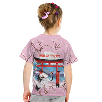 Japanese Torii Gate Cranes Personalised Kid T Shirt Fuji Mount Sakura Seigaiha Pattern