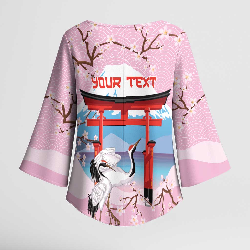 Japanese Torii Gate Cranes Personalised Kimono Sleeve Blouse Fuji Mount Sakura Seigaiha Pattern