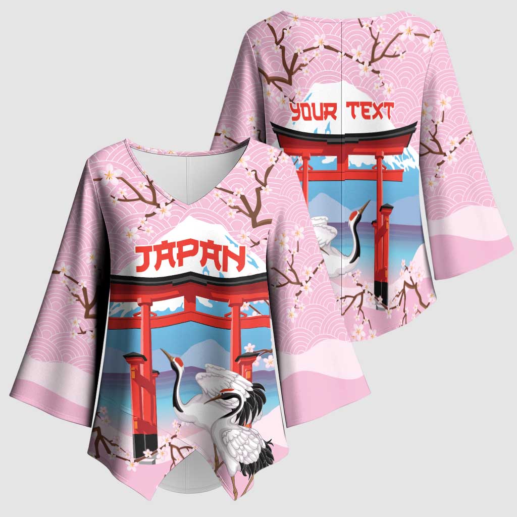 Japanese Torii Gate Cranes Personalised Kimono Sleeve Blouse Fuji Mount Sakura Seigaiha Pattern