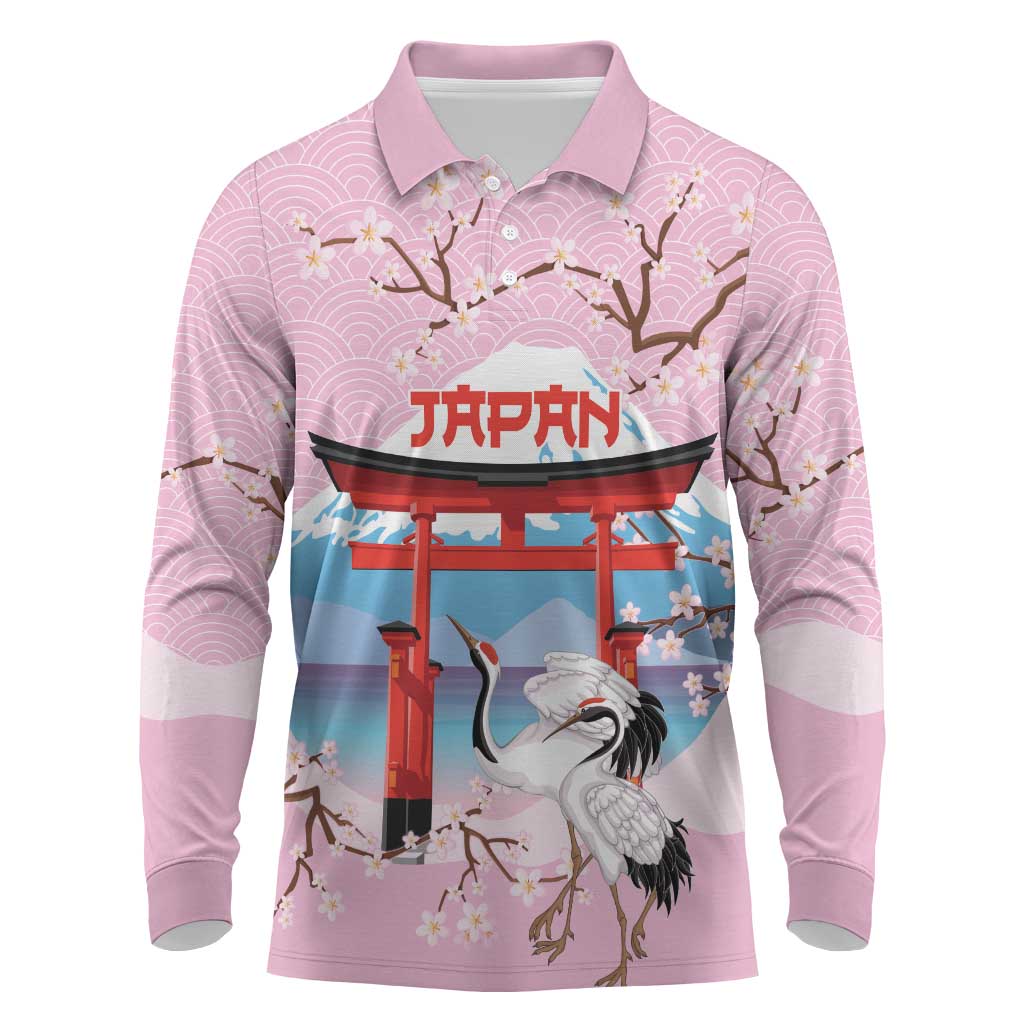 Japanese Torii Gate Cranes Personalised Long Sleeve Polo Shirt Fuji Mount Sakura Seigaiha Pattern