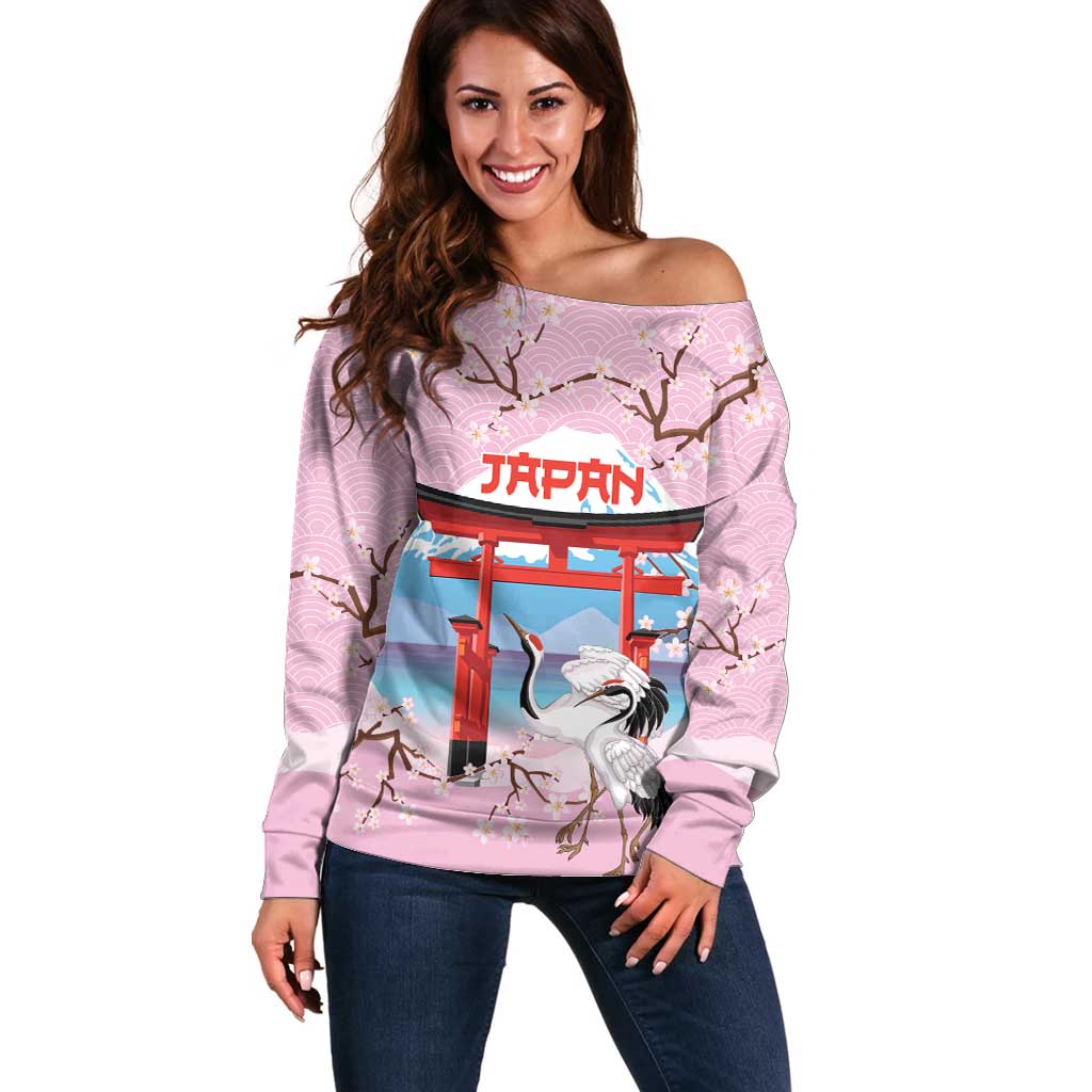 Japanese Torii Gate Cranes Personalised Off Shoulder Sweater Fuji Mount Sakura Seigaiha Pattern