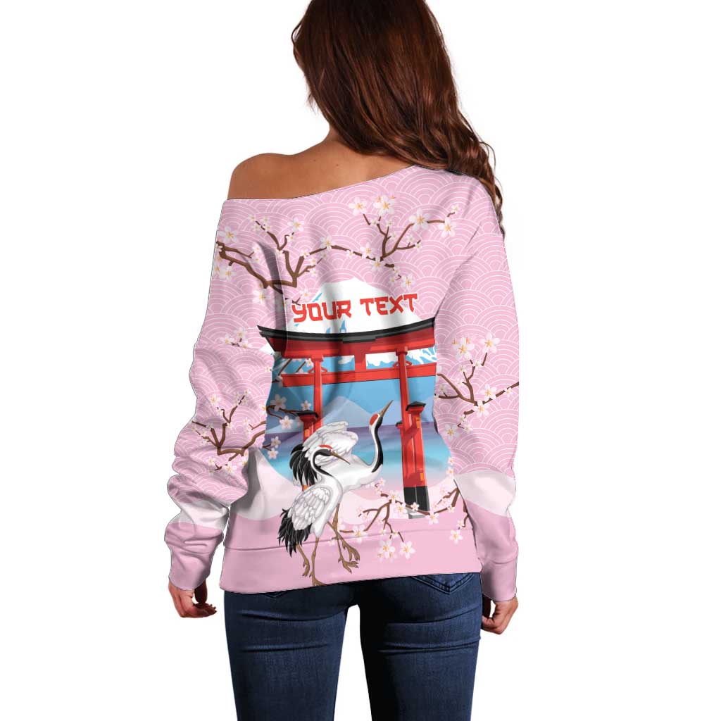 Japanese Torii Gate Cranes Personalised Off Shoulder Sweater Fuji Mount Sakura Seigaiha Pattern