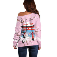Japanese Torii Gate Cranes Personalised Off Shoulder Sweater Fuji Mount Sakura Seigaiha Pattern