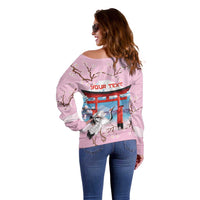 Japanese Torii Gate Cranes Personalised Off Shoulder Sweater Fuji Mount Sakura Seigaiha Pattern