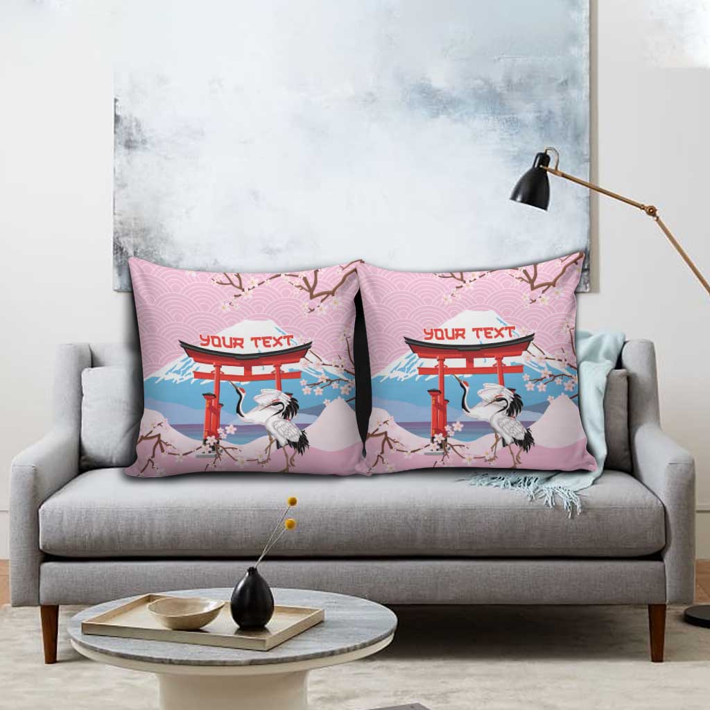 Japanese Torii Gate Cranes Personalised Pillow Cover Fuji Mount Sakura Seigaiha Pattern