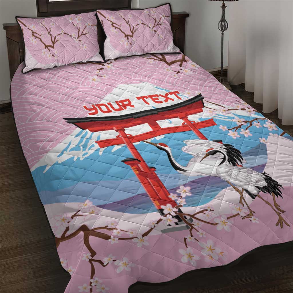 Japanese Torii Gate Cranes Personalised Quilt Bed Set Fuji Mount Sakura Seigaiha Pattern