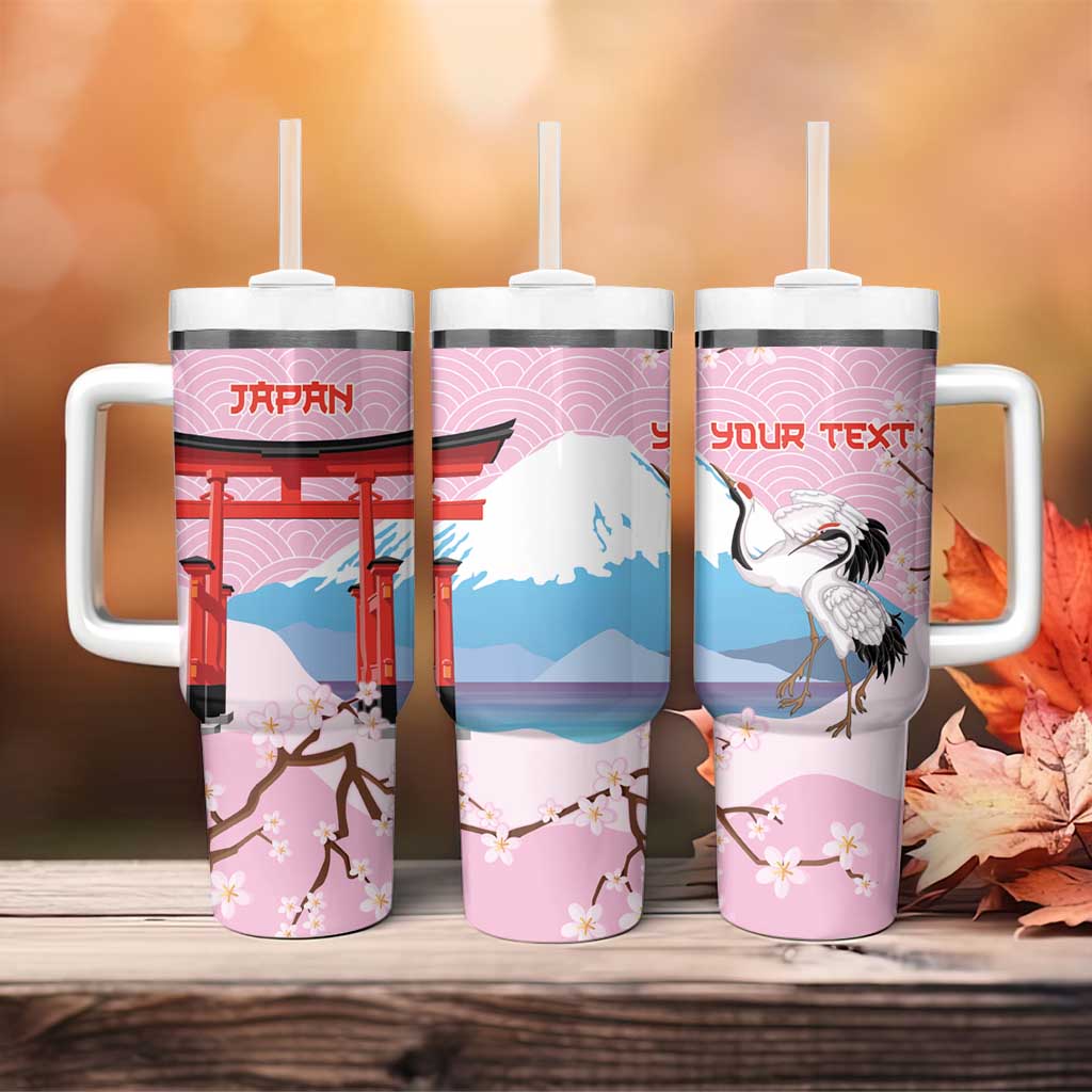 Japanese Torii Gate Cranes Personalised Tumbler With Handle Fuji Mount Sakura Seigaiha Pattern