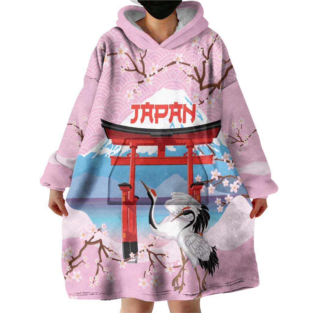 Japanese Torii Gate Cranes Personalised Wearable Blanket Hoodie Fuji Mount Sakura Seigaiha Pattern